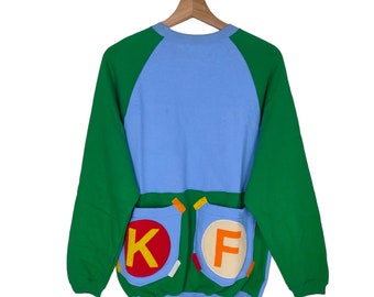 90s Colorblock Sweatshirt Medium Vintage K-Factory Sweater Jumper Crewneck Green Blue Size M