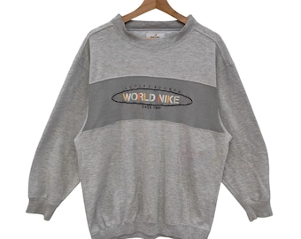 Vintage Nike World Mesh Panel Sweatshirt – Grey Crewneck Pullover, Athletic Streetwear, Large, Size L