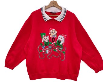Sudadera navideña JOY de los 90: Jersey navideño vintage rojo con gato y corona de Papá Noel, detalles de bastones de caramelo, talla 2XL