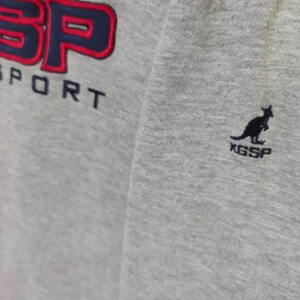 May include: Gray sweatshirt with a red and blue "SP" logo and the word "SPORT" underneath. A black kangaroo logo with "KGSP" underneath is on the right side of the sweatshirt.