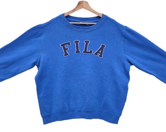 Sudadera vintage de cuello redondo Fila, suéter vintage con bordado Fila, jersey azul