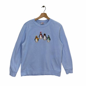 Y2K Penguin Sweatshirt , Let It Snow , Winter Jumper , Vintage Style , Christmas Present , Medium Crewneck , Blue Sweater , Unisex Size M