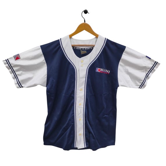 Karl Kani TREING BLOCK PINSTRIPE BASEBALL - Chemise - navy cream/bleu