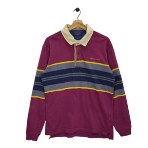 Green Coast Polo Shirt, Vintage Rugby, Stripes Shirt, Vtg 90s Top Tee, Long sleeve T-shirt, Street Fashion, Maroon Navy Blue, Size M