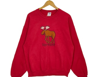 Y2K Vermont Moose Sweatshirt Large Vintage University of Vermont Sweater Jumper Pullover Crewneck Red Size L