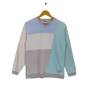 May include: A light blue, white, and gray sweatshirt with a turquoise panel. The sweatshirt has a crew neck and long sleeves. The text "TNZ" is printed on the front of the sweatshirt.