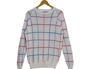 Vtg Multicolor Plaid Sweater Small Vintage Merona Sports USA Checkered Jumper Pullover Knit White Mens Size S