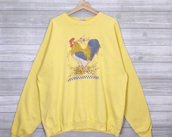 Rooster Sweatshirt Vintage Animal Print Crewneck Jumper Pullover Yellow Size X-large