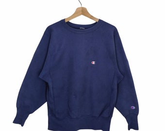 90s Champion Reverse Weave Medium, Vintage Champion Sweater Jumper Pullover Crewneck Navy Blue Unisex Size M