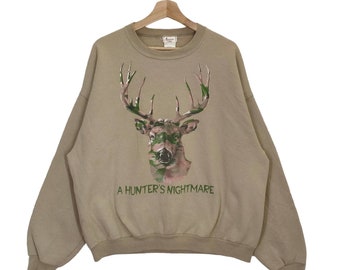 Jaren 90 Hunter's Nightmare sweatshirt met ronde hals Vintage Jerzees herten camo trui trui trui dierlijke afbeelding bruin maat XL
