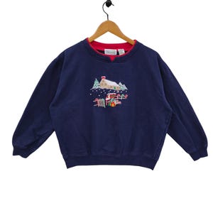 90s Embroidery Christmas Sweatshirt Vintage Santa Snowman Sweater Jumper Crewneck Navy Blue Size