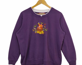 Y2K Cute Cat Crewneck Sweatshirt Small Vintage Holiday Traditional Sweater Jumper Pullover Animal Graphics Embroidery Purple Womens Size XL