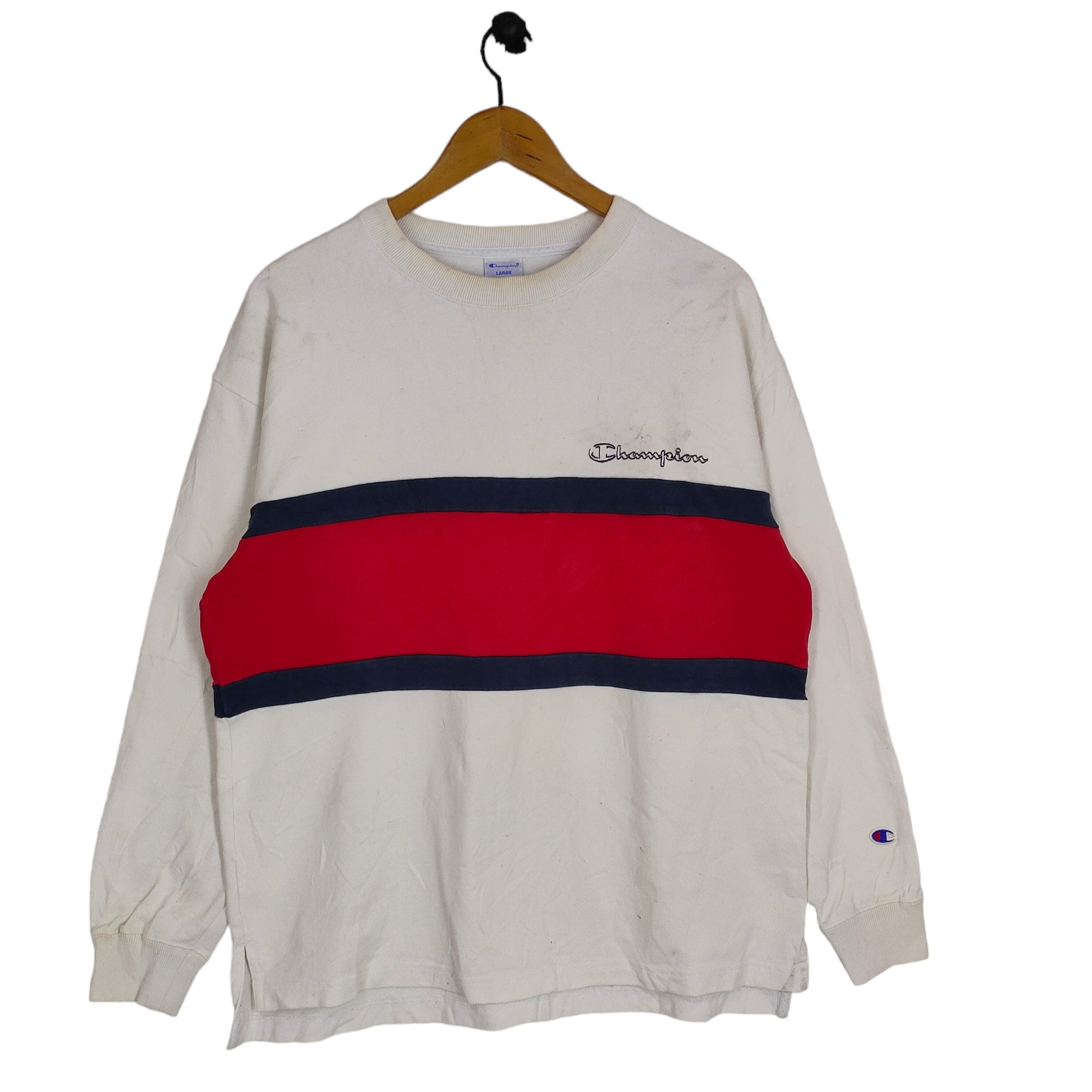 MegaEmpire Champion Sweatshirt Large Vintage Colorblock Sweater Jumper Crewneck Red White Size L