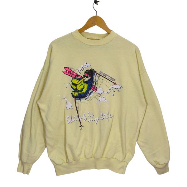 Vtg Skiing in My Life Crewneck Sweatshirt Vintage Xgames Sweater Jumper Pullover Yellow Womens XL Size