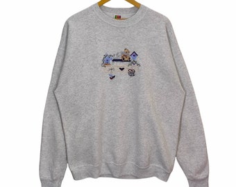 90er Jahre Stickerei Teddy Bär Sweatshirt Vintage Fruit of The Loom Pullover Pullover Crewneck Grafik Grau Damen Größe XL