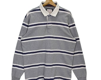 Vtg Gaz Man, Vintage Rugby Polo Shirt, Stripes Shirt, Gray White Navy Blue, Vtg 90s Top Tee, Longsleeve T-shirt, Street Fashion, Men's Large