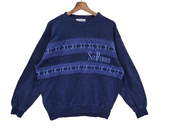 Vintage 90s Superior Sweatshirt | Navy Blue Textured Crewneck | Embroidered Streetwear Pullover | Retro Sweater Y2K Vibes | Size 50 | Large