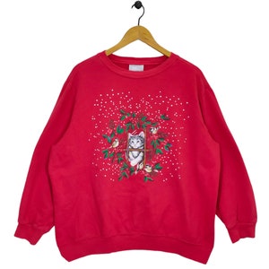 90s Kitten Sweatshirt Vintage Blair Cat Sweater Jumper Pullover Bird Crewneck Red Size 2XL