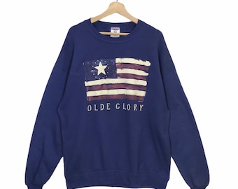 90s Jerzees Made in USA Sweatshirt Large Vintage Olde Glory Sweater Jumper Pullover Crewneck Blue Size L