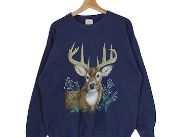 Jaren 90 hertensweater vintage LSJ Sportwear trui trui ronde hals dierenprint marineblauw
