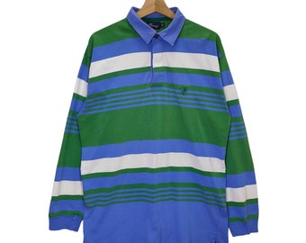 Paparazzi Polo Shirt, Vintage Rugby, Stripes Shirt, Vtg 90s Top Tee, Long sleeve T-shirt, Street Fashion, Blue Green White, Size XL
