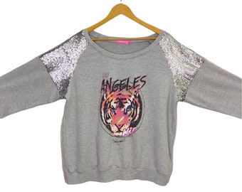 Los Angeles Sweatshirt Vintage Tiger Pullover Jumper Sequin Animal Graphic Crewneck Gray Womens Size XL