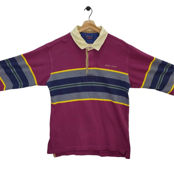 Green Coast Polo Shirt, Vintage Rugby, Stripes Shirt, Vtg 90s Top