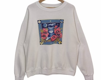90s Cute Cat Crewneck Sweatshirt Large Vintage Delta Fifty Fifty Sweater Jumper Pullover Animal Graphics Made in USA White Unisex Size L