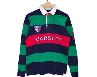 90s Studio Classics, Polo Sport, Vintage Rugby, Classic Striped Shirt, Vtg 90s Top Tee, Long sleeve T-shirt, Red Green Navy Blue, Size