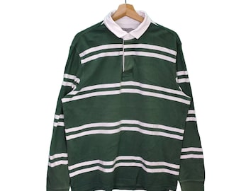 Vtg Tu Man, Vintage Rugby Polo Shirt, Stripes Shirt, Green White, Vtg 90s Top Tee, Longsleeve T-shirt, Street Fashion, Large