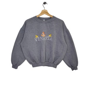 Vtg 90s Venezia Cropped Sweatshirt Large Vintage Embroidery Venezia Sweater Jumper Pullover Crewneck Spellout Gray Size L