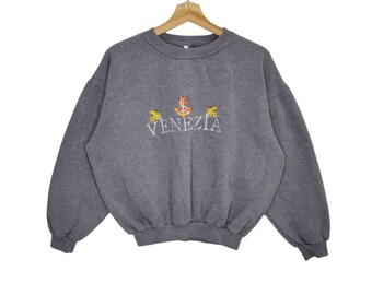 VTG jaren 90 Venezia cropped sweatshirt grote vintage borduurwerk Venezia trui trui trui ronde hals spelout grijs maat L