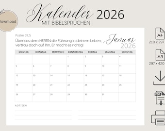 Kalender 2026 mit Bibelsprüchen zum Ausdrucken | Minimalistischer Monatsplaner im A4 & A3 Querformat PDF | Deutsch | SOFORT DOWNLOAD