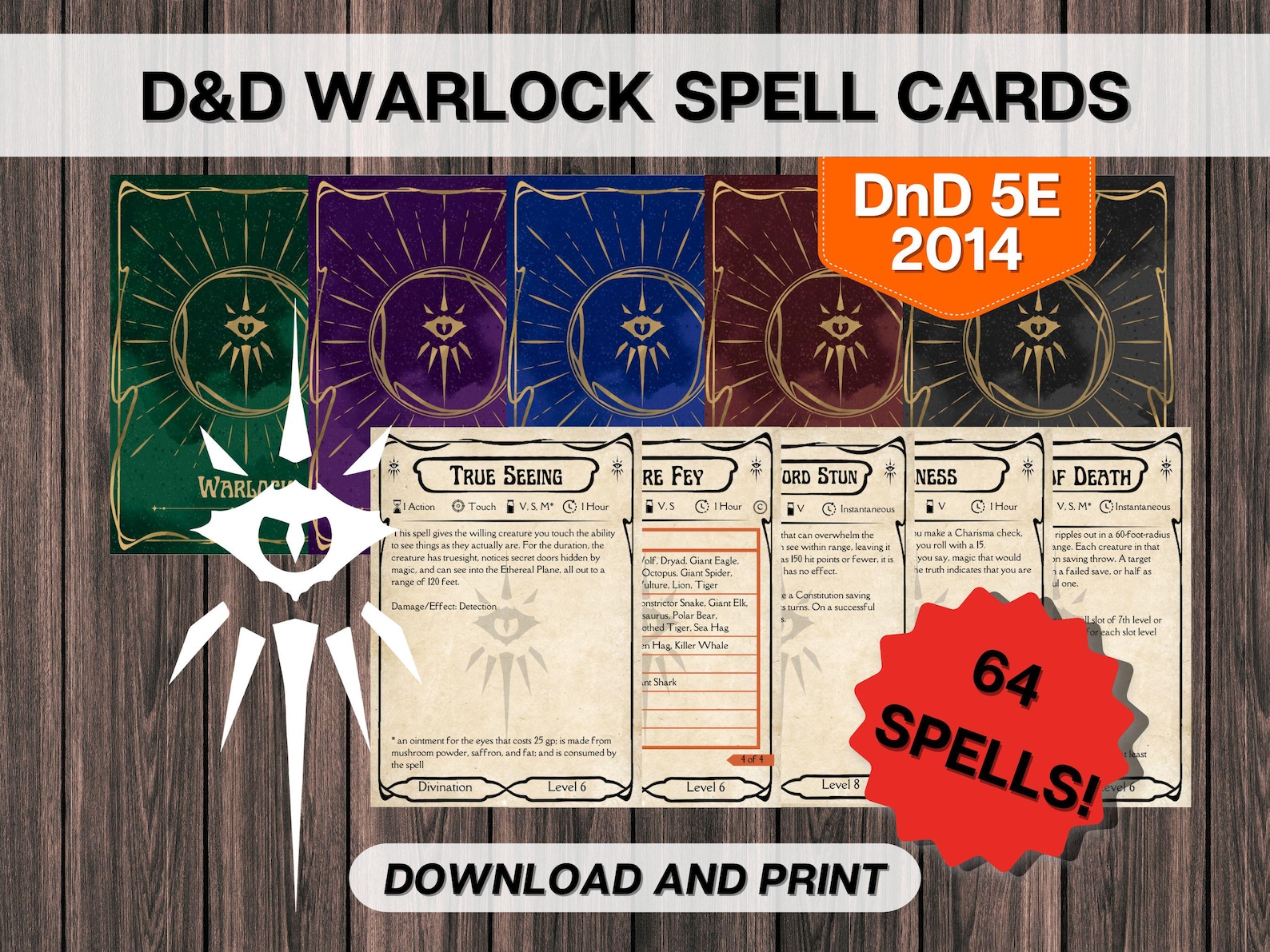 Dnd Warlock Spell Cards, Dungeons and Dragons Printable, D&D 5E 2014 ...