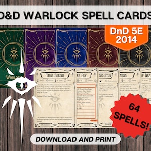 DnD Warlock-spreukkaarten, afdrukbare kerkers en draken, D&D 5E 2014 alle niveaus direct downloaden, invulbare lege kaarten pdf