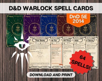 May include: A set of five printable D&D Warlock spell cards with a red circle in the bottom right corner that says "64 SPELLS!" The cards are in a vintage style with a gold border and a white background. The cards feature the text "TRUE SEEING", "RE FEY", "ORD STUN", "NESS", and "IF DEATH".