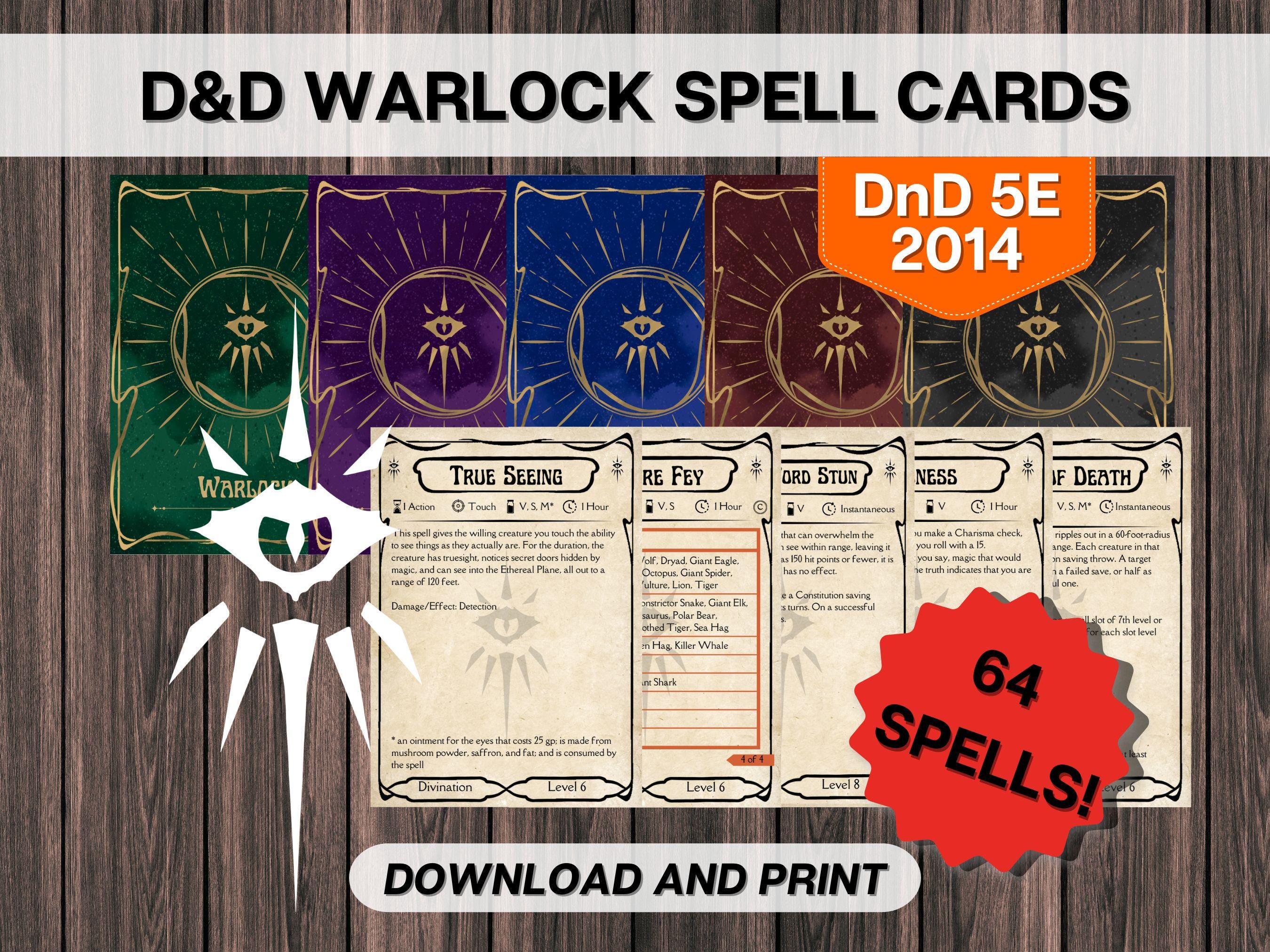 Dnd Warlock Spell Cards, Dungeons and Dragons Printable, D&D 5E 2014 ...