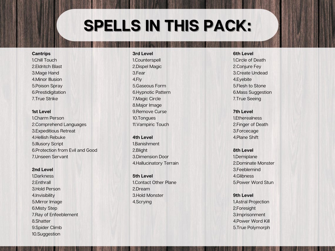 Dnd Warlock Spell Cards, Dungeons and Dragons Printable, D&D 5E 2014 ...