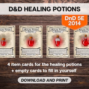 DnD Healing Potions-kaarten, Dungeons and Dragons RPG afdrukbaar, Game Master Tools, D&D 5E 2014 Adventuring Instant download pdf