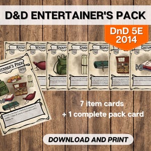 DnD Entertainer&#39;s Pack Item Equipment Cards, Dungeons and Dragons Printable Game Master Tools, D&D 5E 2014 Adventuring Gear Instant Download