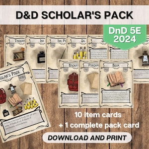 DnD Scholar&#39;s Pack Item Equipment Cards 5E 2024, Dungeons and Dragons Printable, Game Master Tools, D&D Adventuring Gear Instant Download