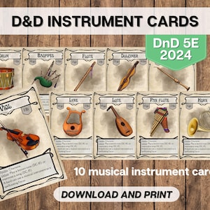 DnD Musical Instruments Equipment Cards 5E 2024, Dungeons and Dragons Printable, D&D Adventuring Gear Instant Download