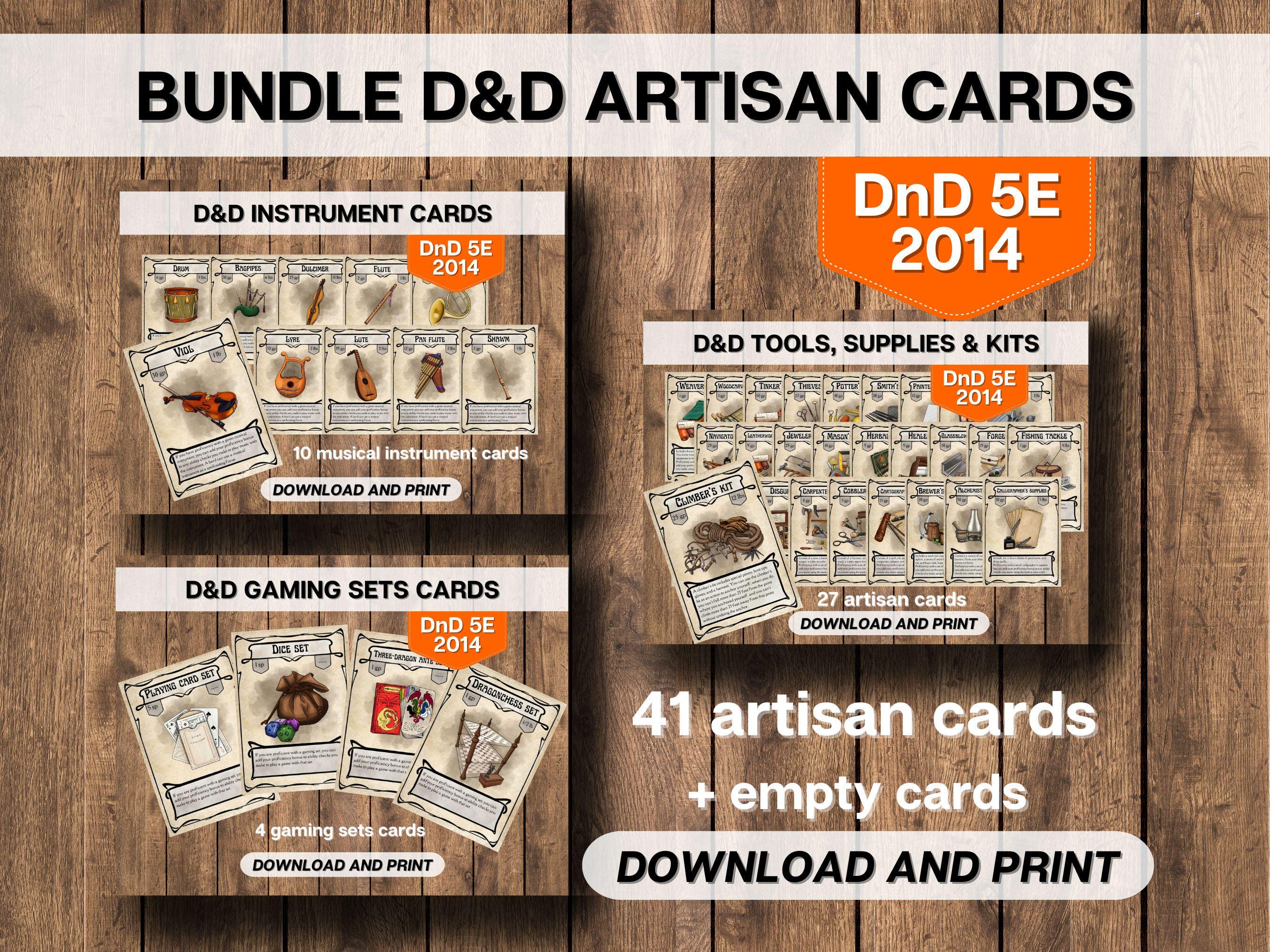 DnD BUNDLE 41 Artisan Tools Supplies Kits Cards, Instruments + Gaming Sets, Dungeons and Dragons Printable, D&D 5E Adventuring Gear Download