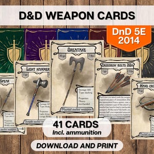 DnD Weapons Equipment Cards, Dungeons and Dragons Printable, D&D 5E 2014 Adventuring Gear Instant Download
