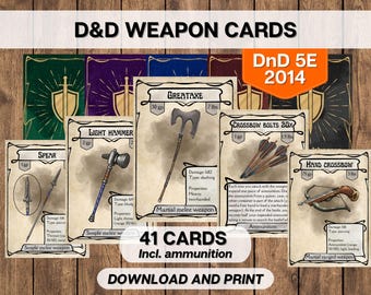 Tarjetas de equipo de armas de DnD, Mazmorras y dragones imprimibles, Equipo de aventuras de D&D 5E 2014 Descarga instantánea