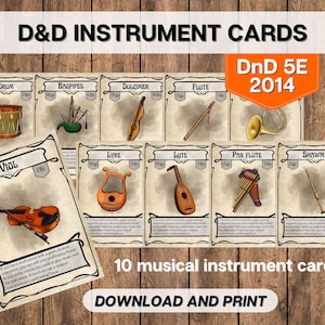 Cartas de equipamentos de instrumentos musicais DnD, Dungeons and Dragons para impressão, D&D 5E 2014 Adventuring Gear Download instantâneo