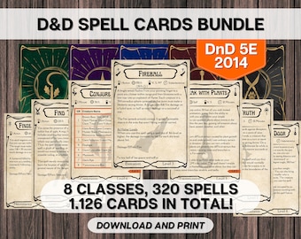May include: A set of printable Dungeons and Dragons spell cards for the 5th edition of the game. The cards are in a variety of colors and feature illustrations of various spells, including Fireball, Conjure, Find the Path, and more. The text on the cards includes the spell name, level, school, casting time, range, components, duration, and description. The cards are designed to be printed and used in tabletop role-playing games.