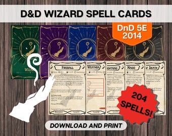 Karty zaklęć DnD Wizard, Dungeons and Dragons do druku, D&D 5E 2014 Wszystkie poziomy do natychmiastowego pobrania, Wypełniane puste karty PDF