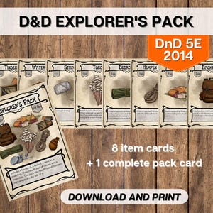 DnD Explorer's Pack Item Equipment Cards, Dungeons and Dragons stampabili, strumenti del Game Master, D&D 5E 2014 Adventuring Gear Download immediato