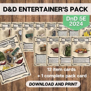 DnD Entertainer&#39;s Pack Item Equipment Cards 5E 2024, Dungeons and Dragons Printable Game Master Tools, D&D Adventuring Gear Instant Download